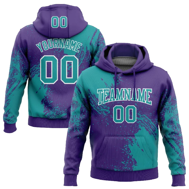 One Size Stitched Purple Teal-White 3D Pattern Design Abstract Brush Stroke Sports Pullover Sweatshirt Hoodie