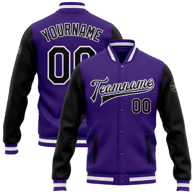 One Size Purple Black-White Bomber Full-Snap Varsity Letterman Two Tone Jacket