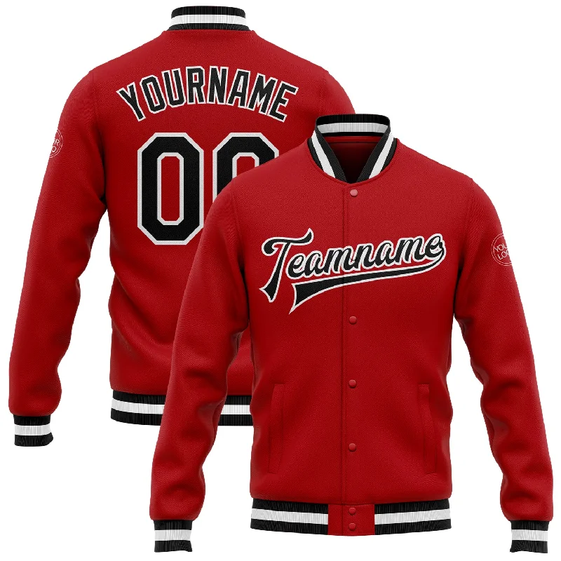 One Size Red Black-White Bomber Full-Snap Varsity Letterman Jacket