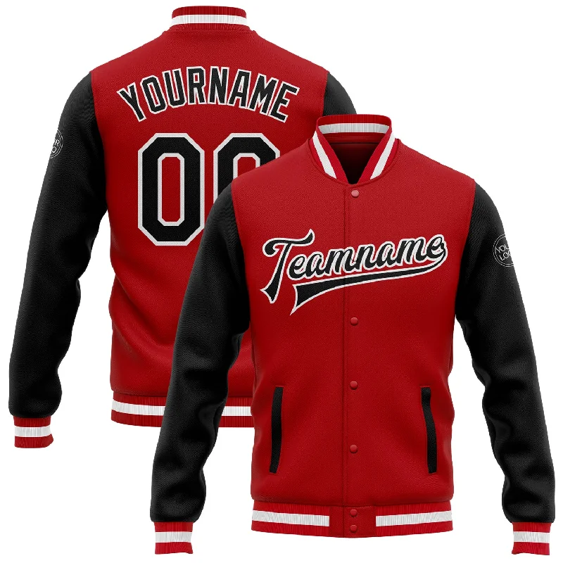 One Size Red Black-White Bomber Full-Snap Varsity Letterman Two Tone Jacket