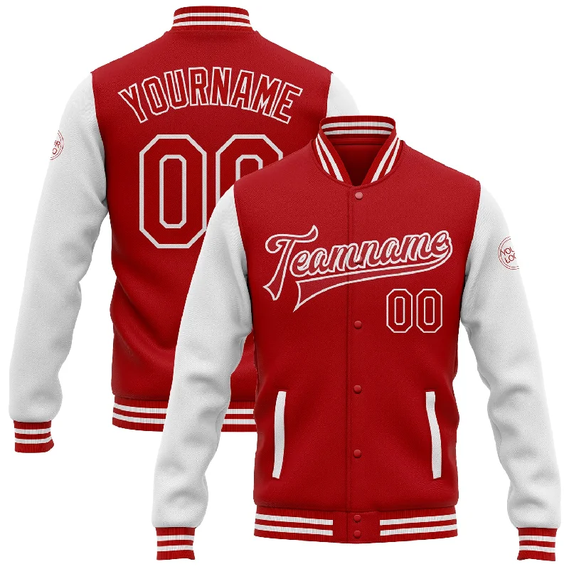 One Size Red White Bomber Full-Snap Varsity Letterman Two Tone Jacket