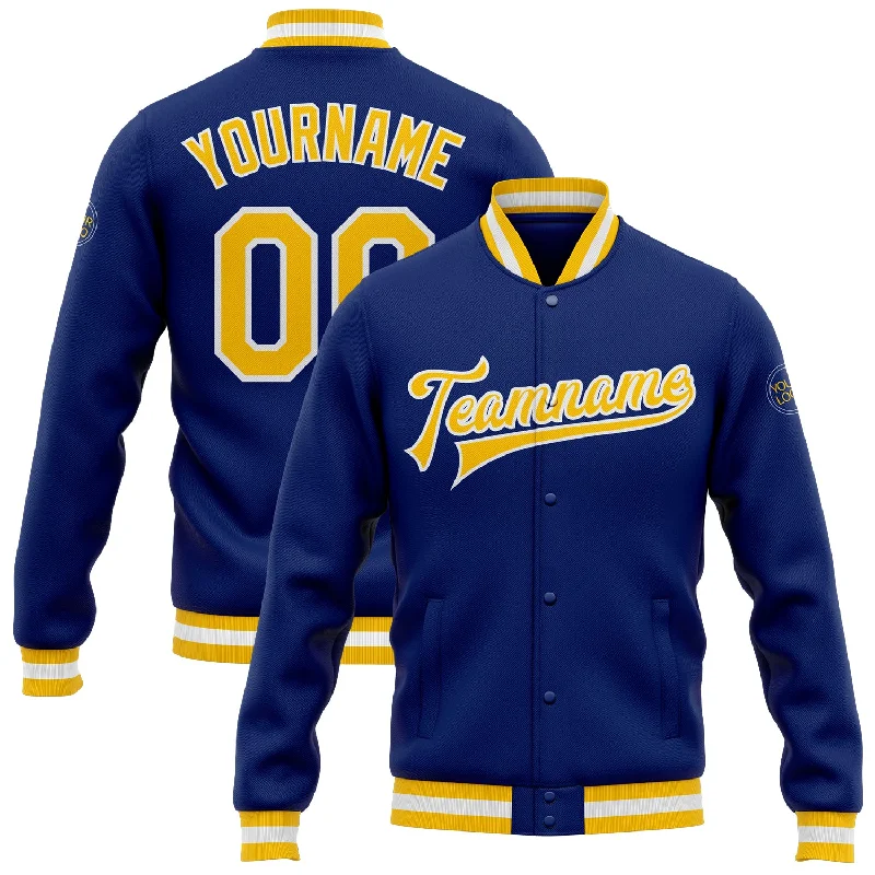 One Size Royal Gold-White Bomber Full-Snap Varsity Letterman Jacket