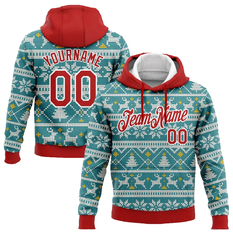 One Size Stitched Teal Red-White Christmas 3D Sports Pullover Sweatshirt Hoodie