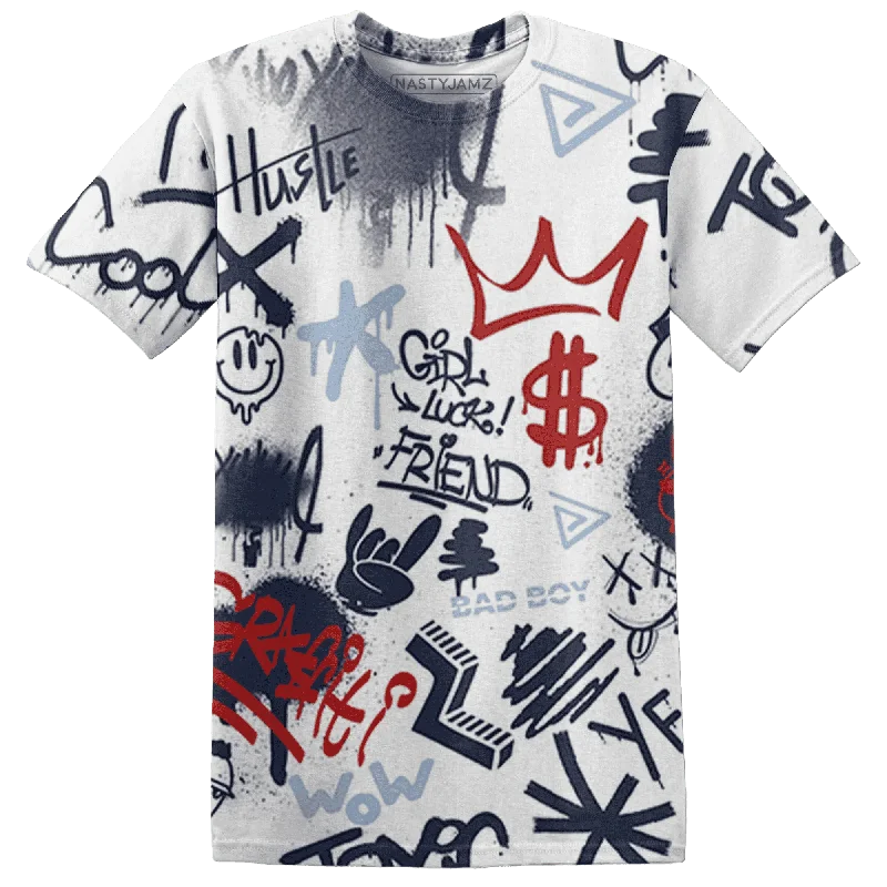 NastyJamz White Navy 6s T-Shirt Match Graffiti King Doodle Style All-Over Print