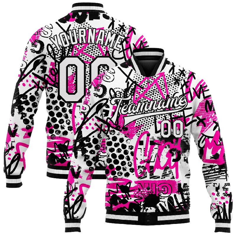 One Size Graffiti Pattern White-Black Scratch 3D Bomber Full-Snap Varsity Letterman Jacket