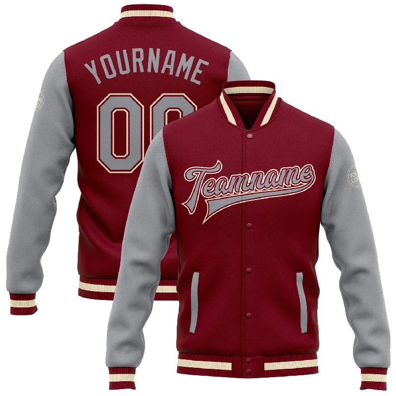 One Size Crimson Gray-Cream Bomber Full-Snap Varsity Letterman Two Tone Jacket