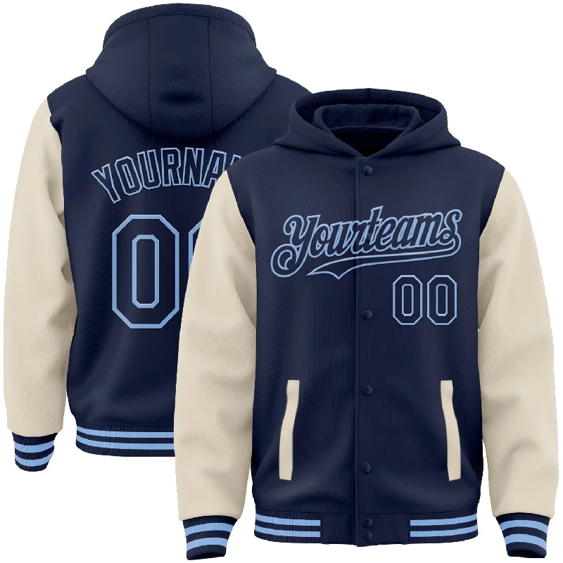 One Size Navy Cream-Light Blue Bomber Full-Snap Varsity Letterman Two Tone Hoodie Jacket