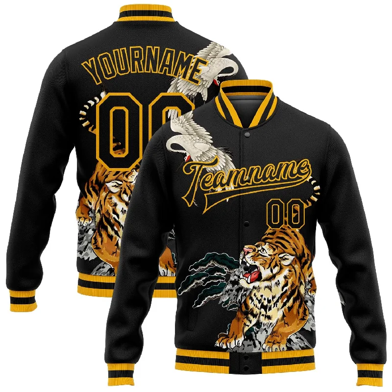 One Size Black Gold Heron And Tiger 3D Pattern Design Bomber Full-Snap Varsity Letterman Jacket