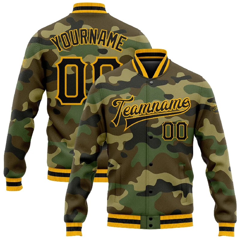 One Size Camo Black-Gold Bomber Full-Snap Varsity Letterman Salute To Service Jacket