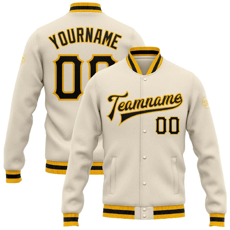 One Size Cream Black-Gold Bomber Full-Snap Varsity Letterman Jacket