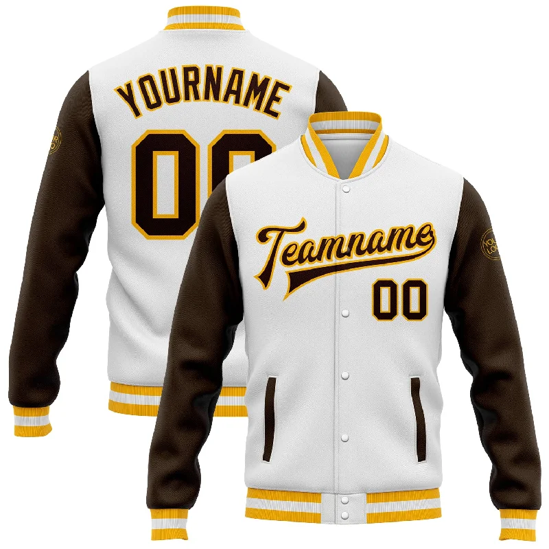 One Size White Brown-Gold Bomber Full-Snap Varsity Letterman Two Tone Jacket