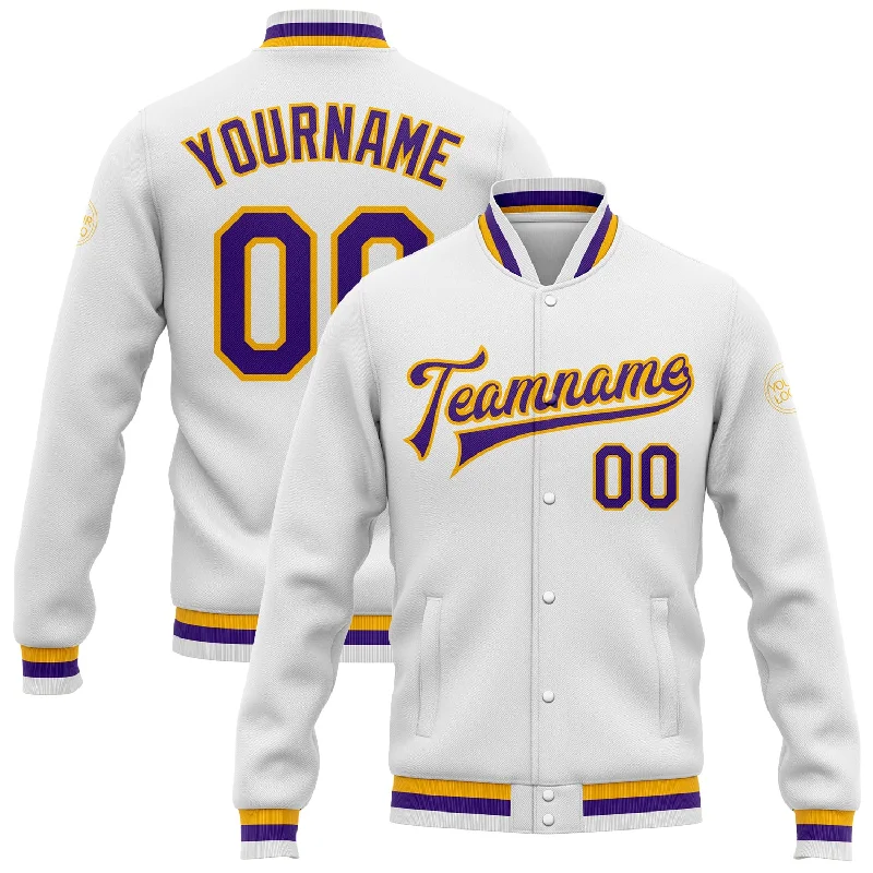 One Size White Purple-Gold Bomber Full-Snap Varsity Letterman Jacket