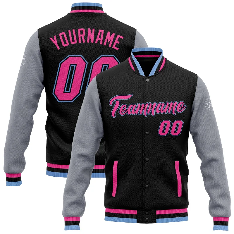 One Size Black Pink Gray-Light Blue Bomber Full-Snap Varsity Letterman Two Tone Jacket