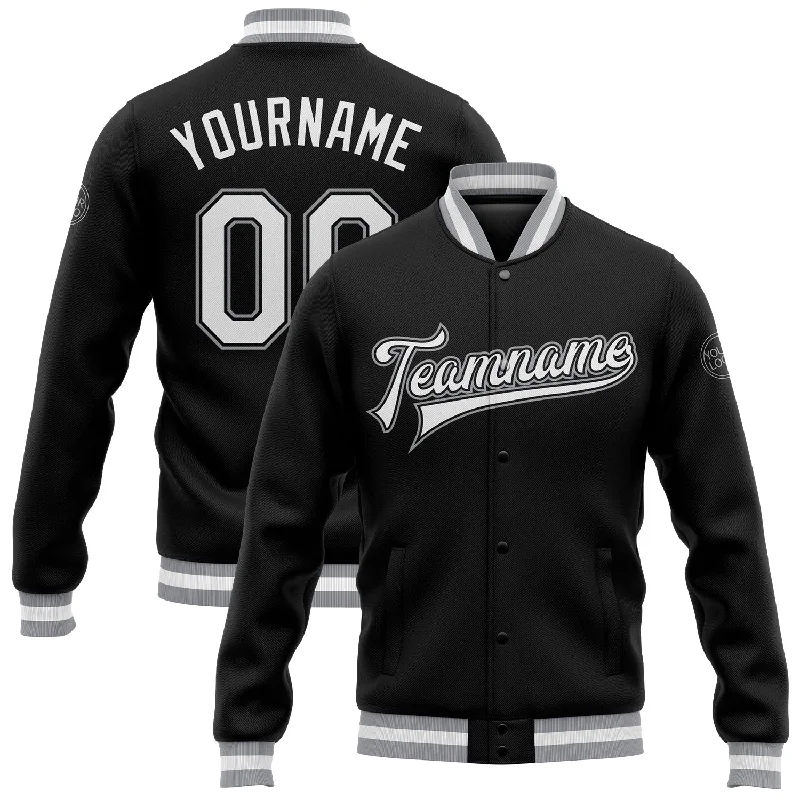 One Size Black White-Gray Bomber Full-Snap Varsity Letterman Jacket