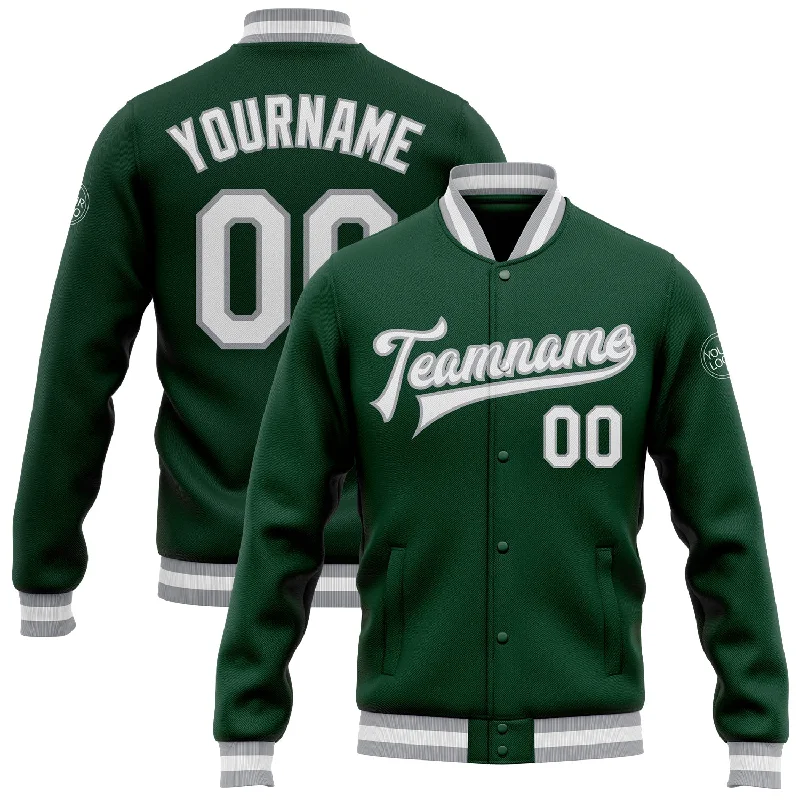 One Size Green White-Gray Bomber Full-Snap Varsity Letterman Jacket