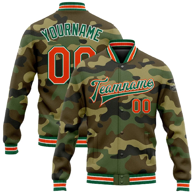 One Size Camo Orange-Kelly Green Bomber Full-Snap Varsity Letterman Salute To Service Jacket