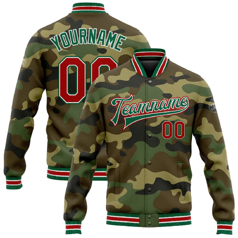 One Size Camo Red-Kelly Green Bomber Full-Snap Varsity Letterman Salute To Service Jacket