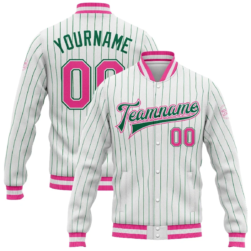 One Size White Kelly Green Pinstripe Pink-Kelly Green Bomber Full-Snap Varsity Letterman Jacket