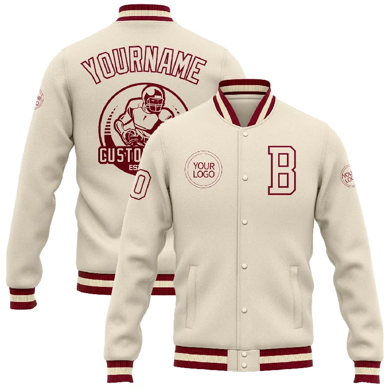 One Size Cream Maroon Bomber Full-Snap Varsity Letterman Jacket