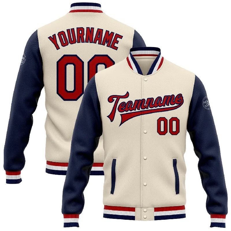 One Size Cream Red-Navy Bomber Full-Snap Varsity Letterman Two Tone Jacket