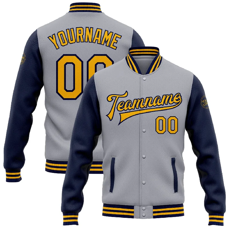 One Size Gray Gold-Navy Bomber Full-Snap Varsity Letterman Two Tone Jacket