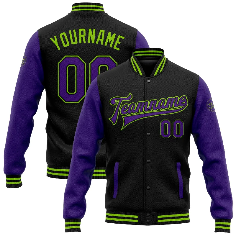 One Size Black Purple-Neon Green Bomber Full-Snap Varsity Letterman Two Tone Jacket