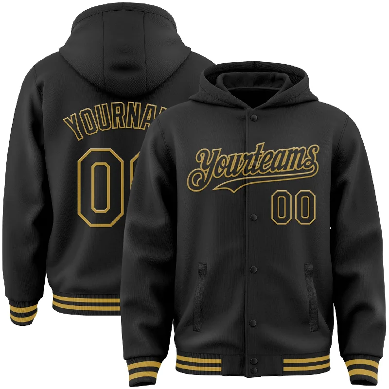 One Size Black Old Gold Bomber Full-Snap Varsity Letterman Hoodie Jacket