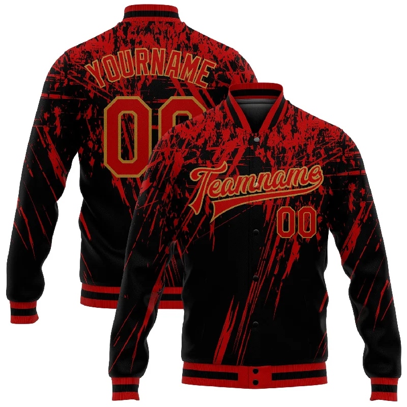 One Size Black Red-Old Gold 3D Pattern Design Bomber Full-Snap Varsity Letterman Jacket