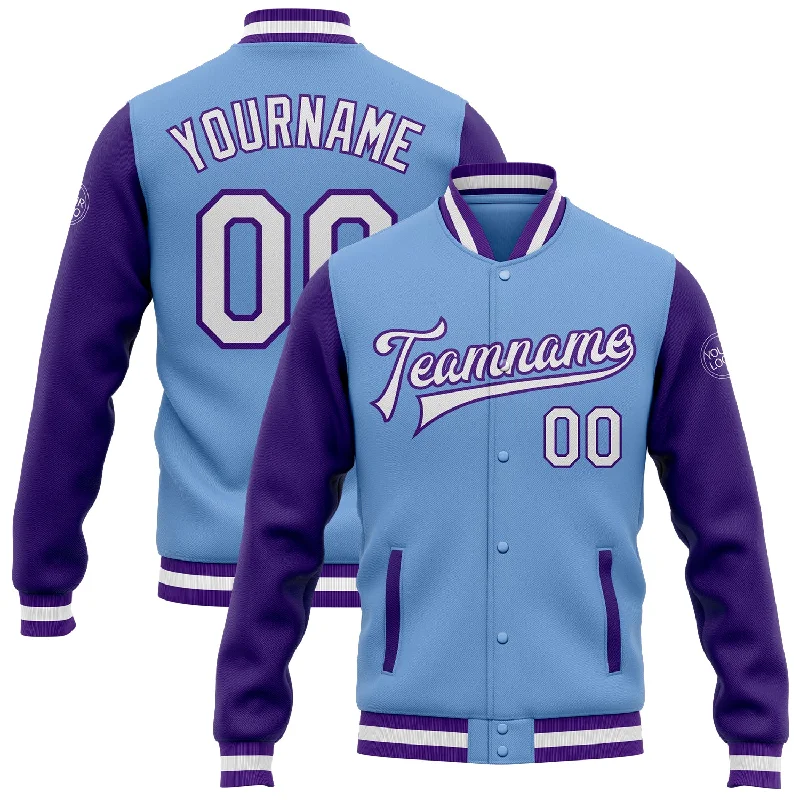 One Size Light Blue White-Purple Bomber Full-Snap Varsity Letterman Two Tone Jacket