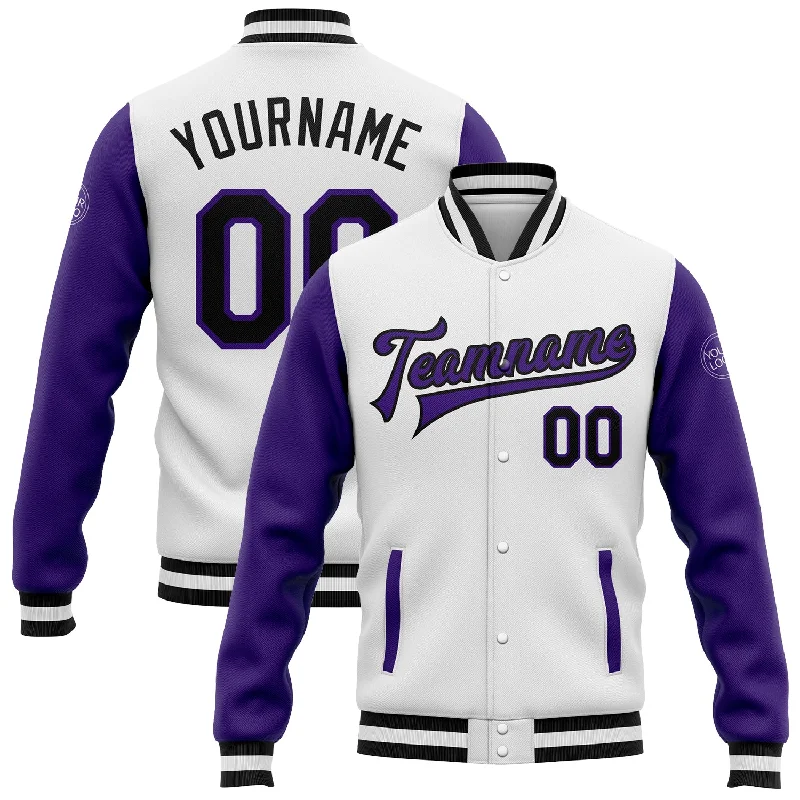 One Size White Black-Purple Bomber Full-Snap Varsity Letterman Two Tone Jacket