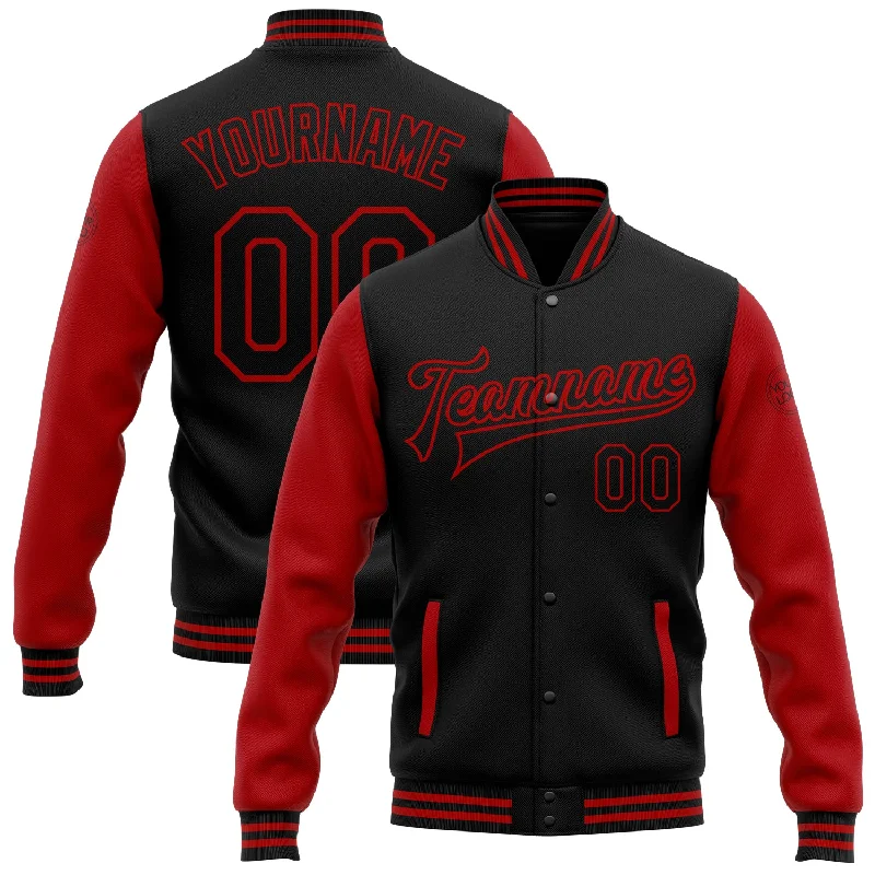 One Size Black Red Bomber Full-Snap Varsity Letterman Two Tone Jacket