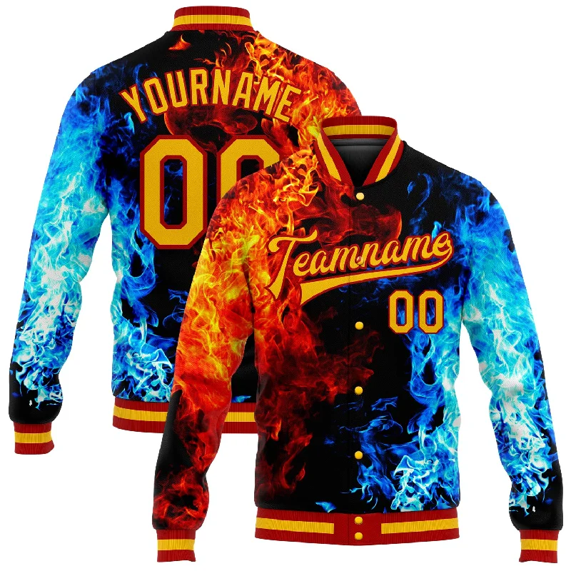 One Size Black Gold Red-Royal Flame 3D Pattern Design Bomber Full-Snap Varsity Letterman Jacket