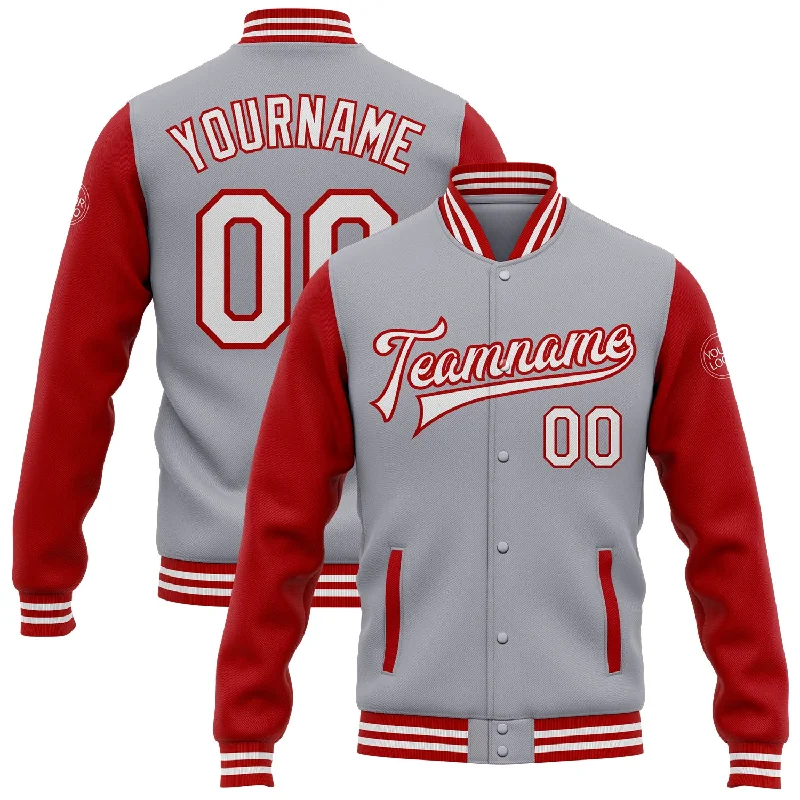 One Size Gray White-Red Bomber Full-Snap Varsity Letterman Two Tone Jacket