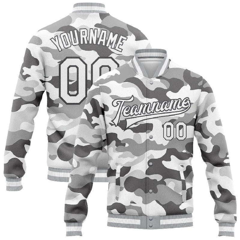 One Size Camo White-Steel Gray Snow Camouflage 3D Bomber Full-Snap Varsity Letterman Salute To Service Jacket