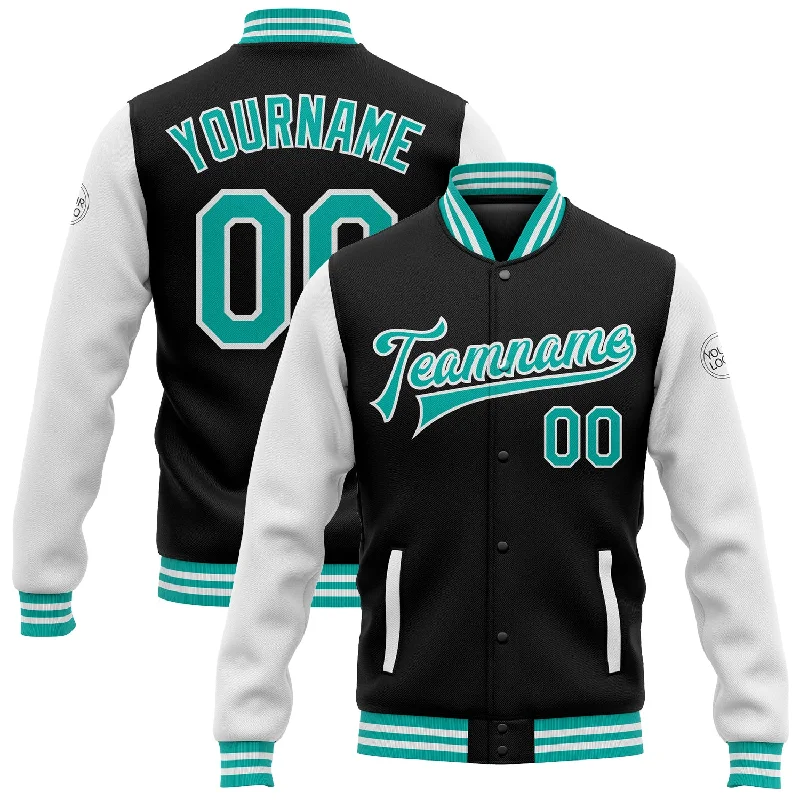 One Size Black Aqua-White Bomber Full-Snap Varsity Letterman Two Tone Jacket