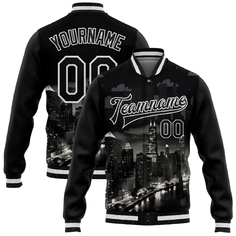 One Size Black White Chicago Illinois City Edition 3D Bomber Full-Snap Varsity Letterman Jacket