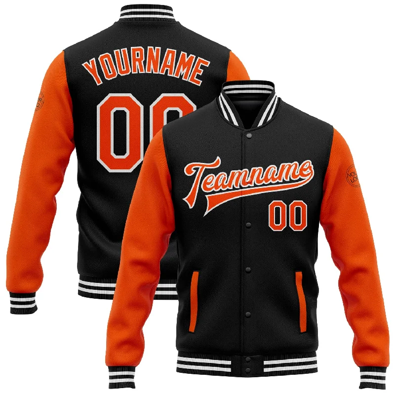 One Size Black Orange-White Bomber Full-Snap Varsity Letterman Two Tone Jacket