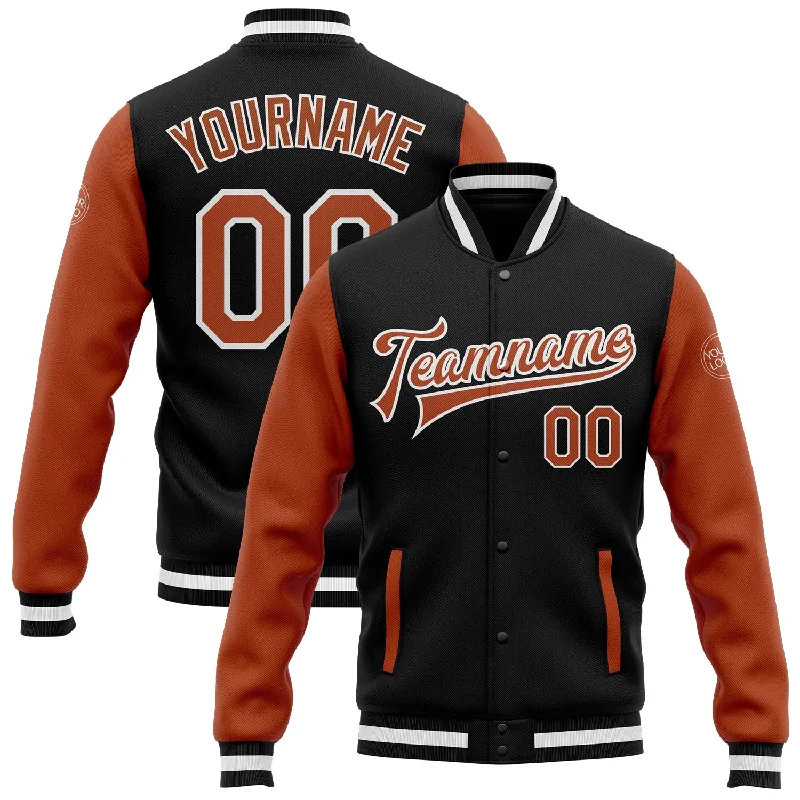 One Size Black Texas Orange-White Bomber Full-Snap Varsity Letterman Two Tone Jacket