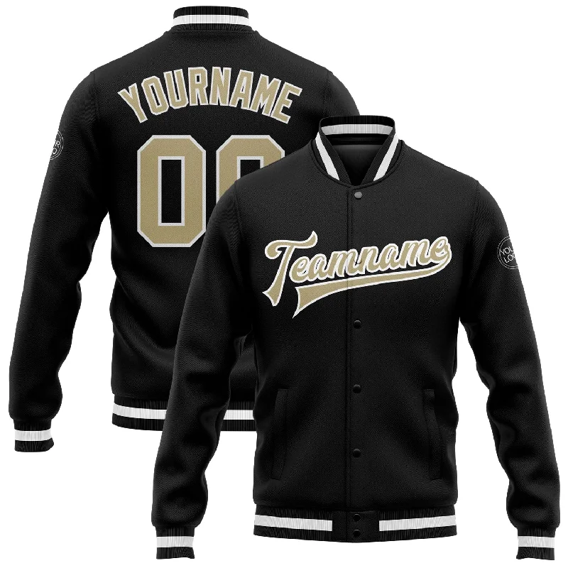 One Size Black Vegas Gold-White Bomber Full-Snap Varsity Letterman Jacket