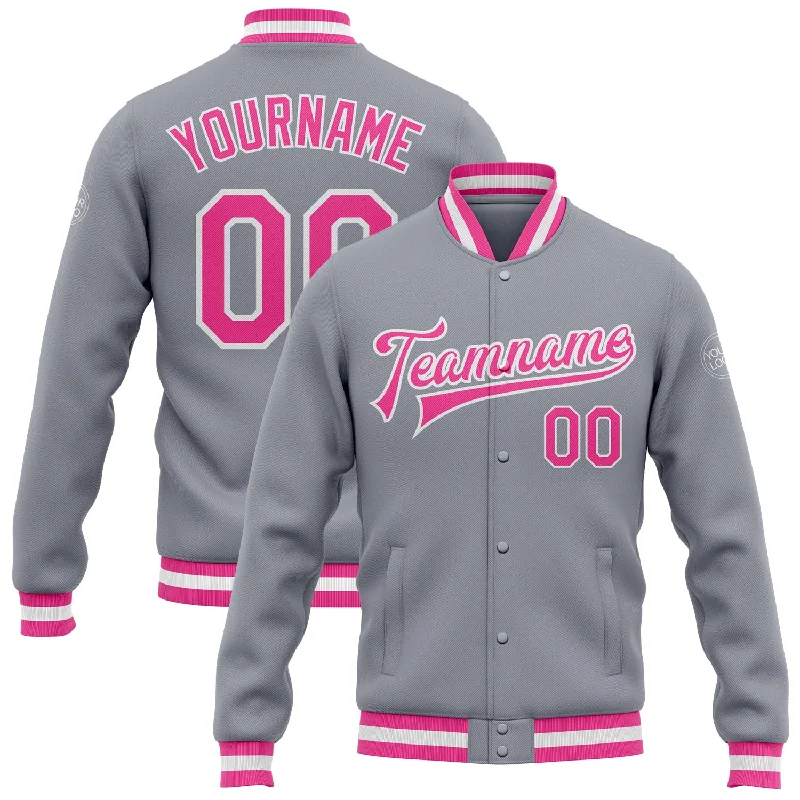 One Size Gray Pink-White Bomber Full-Snap Varsity Letterman Jacket