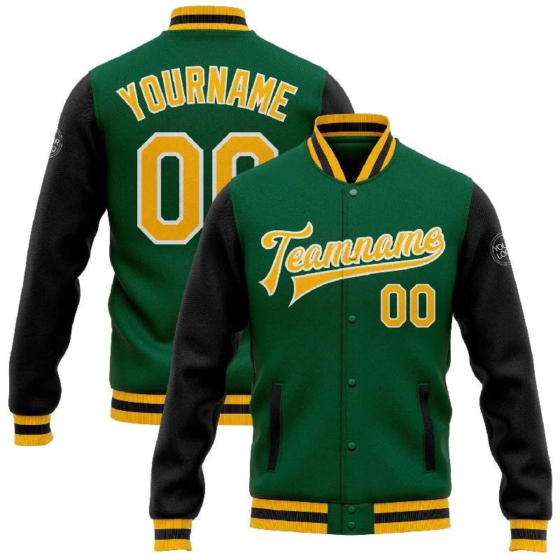 One Size Kelly Green Gold-White Bomber Full-Snap Varsity Letterman Two Tone Jacket