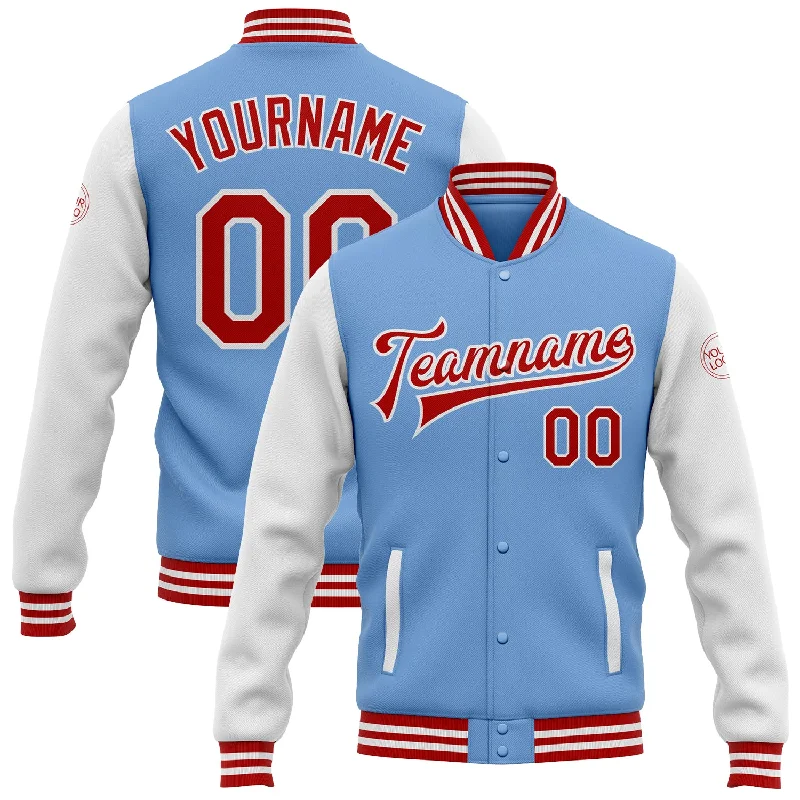 One Size Light Blue Red-White Bomber Full-Snap Varsity Letterman Two Tone Jacket