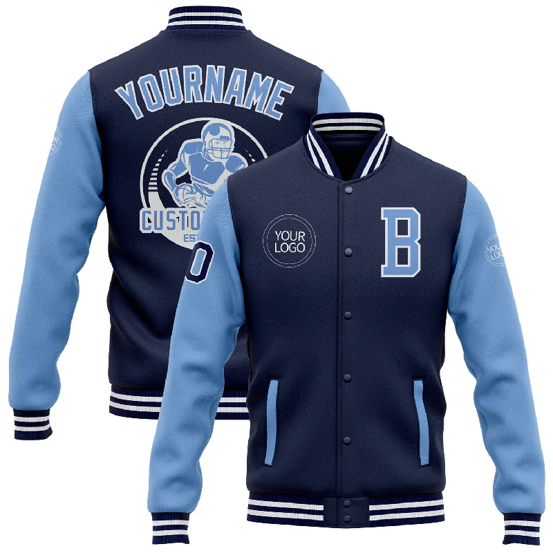 One Size Navy Light Blue-White Bomber Full-Snap Varsity Letterman Two Tone Jacket