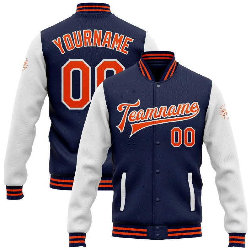 One Size Navy Orange-White Bomber Full-Snap Varsity Letterman Two Tone Jacket