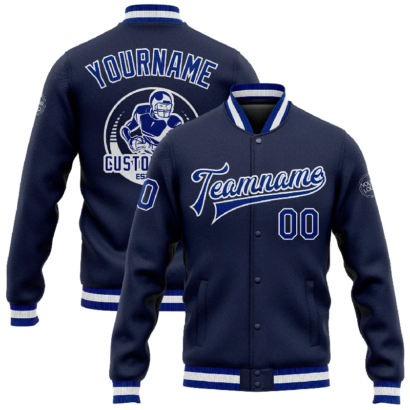 One Size Navy Royal-White Bomber Full-Snap Varsity Letterman Jacket